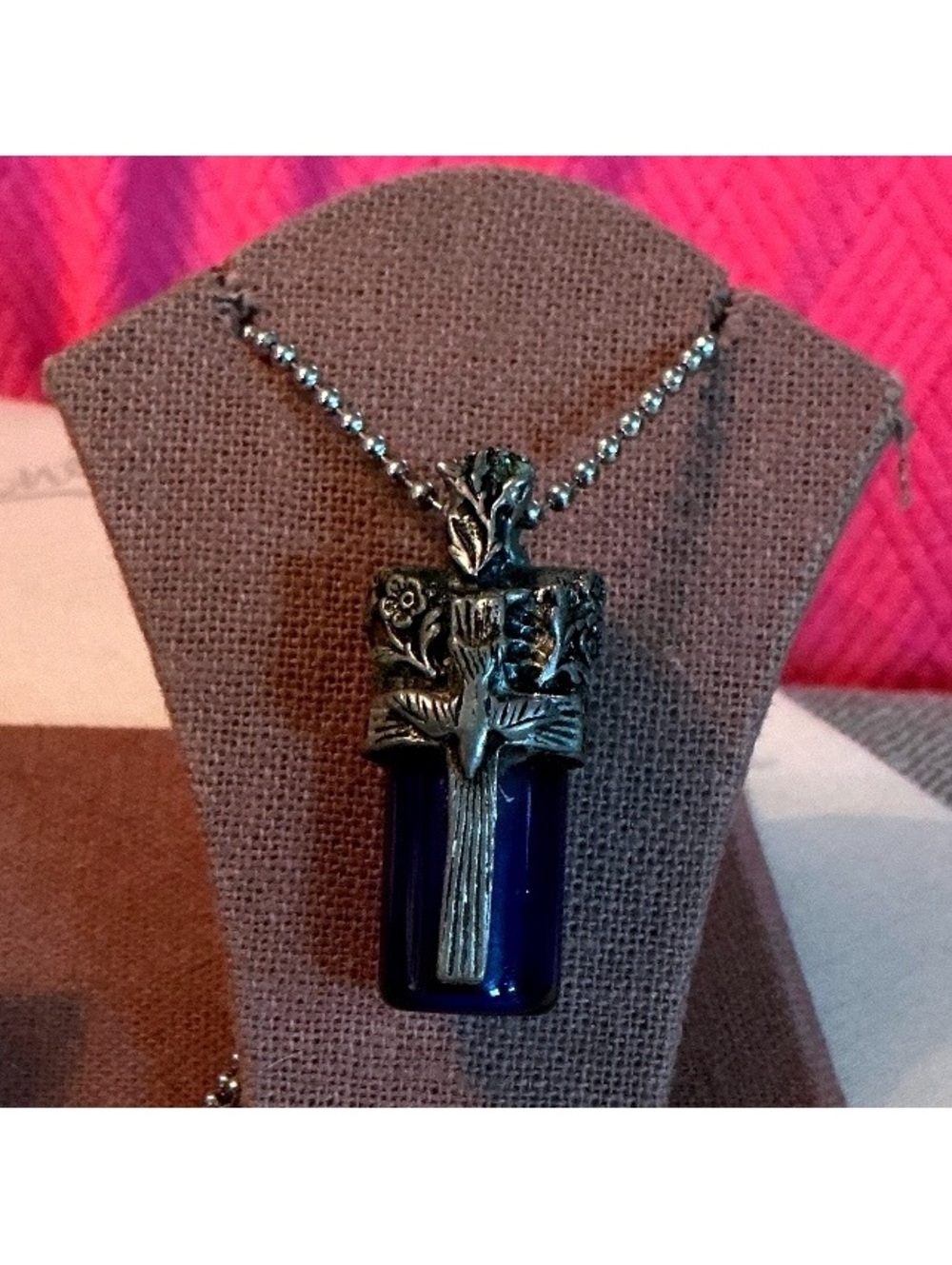 Cobalt Blue Glass Pill Bottle / Pendant Cross Dove Religious Urn Necklace